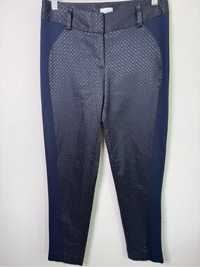 Cache Navy Diamond Jacquard Ponte Stripe Cropped Skinny Pants Sz 2